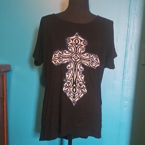 Black Short Sleeve Tee with Ornate Cross Graphic